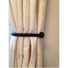 A Pair of Black Wrought Iron Metal Tie Backs with Button Stopper Ends 